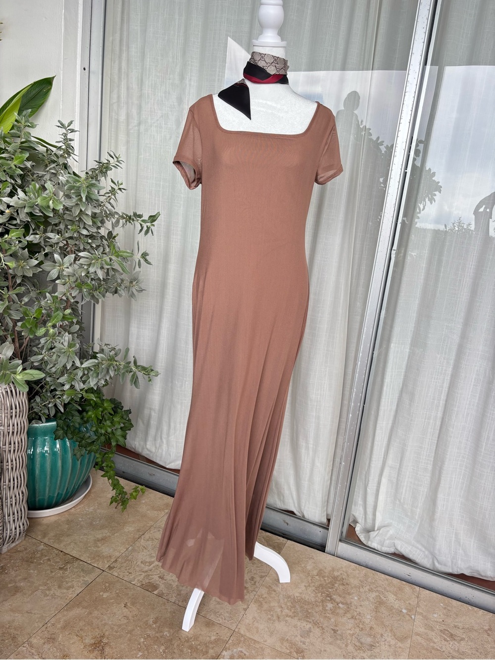 Mesh Maxi Dress XL See You Monday Taupe Brown Square Neck Double Layer Boho Y2K